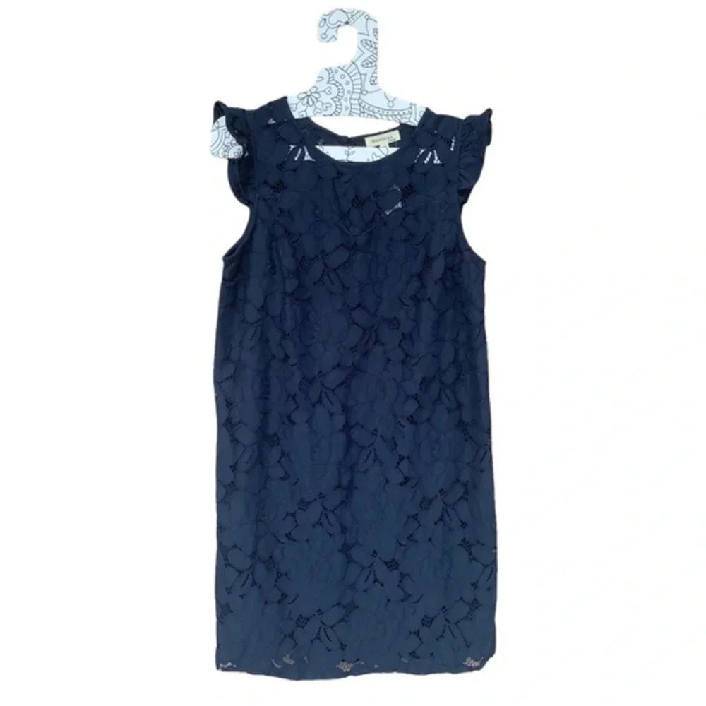 MONTEAU Navy Lace Overlay Shift Mini Dress Short Flutter Sleeve Size M Cottage